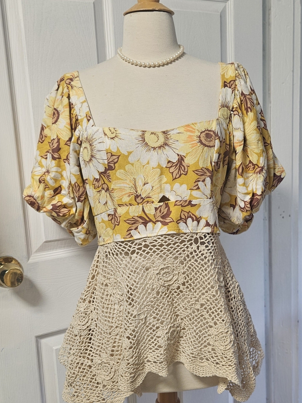 Altar'd State Yellow Floral Square-Neck Puff Sleeve Crop Top With Antique Lace